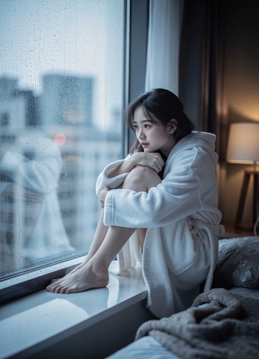 A delicate 18-year-old Asian woman wearing a fluffy white bathrobe that is slightly loose off one shoulder. She is sitting on a window sill, hugging her knees and gazing out at the rain, looking pensive and sweet. Soft focus, ethereal photography. The mood is rainy and blue, with raindrops streaking the glass and a cozy, intimate interior atmosphere.