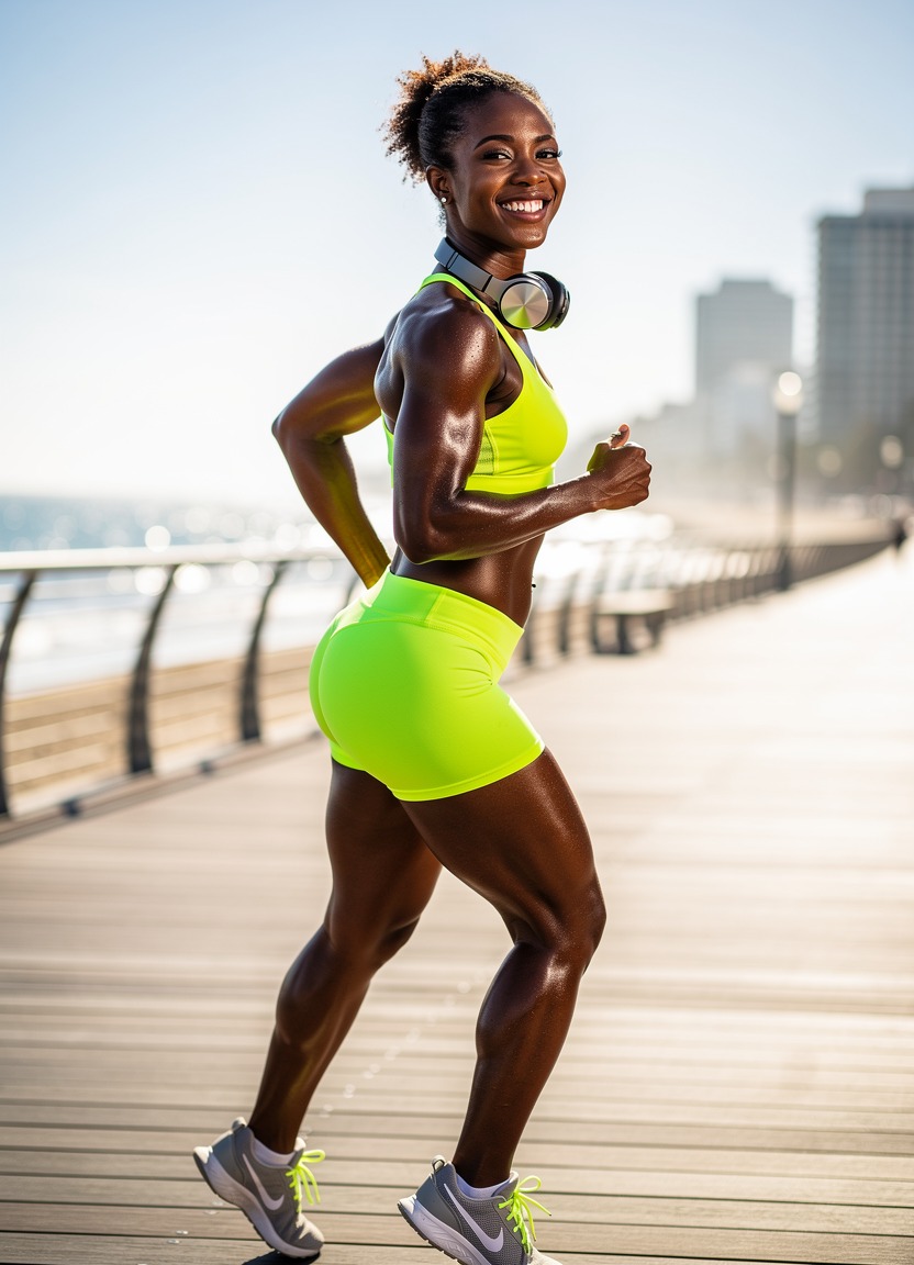 A toned 26-year-old Black woman wearing a vibrant neon sports bra and biker shorts. She is jogging in place, looking back with a radiant, sweaty smile and wearing headphones around her neck. Dynamic, high-energy sports photography. The context is an urban boardwalk near the beach on a bright, sunny morning with the ocean blurred in the background.