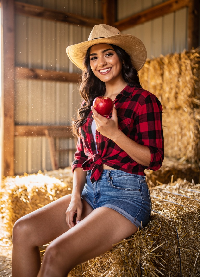A cute 19-year-old Latina girl wearing denim short-shorts and a tied-up flannel shirt. She is sitting on a hay bale, holding a red apple and smiling broadly with a straw hat tipped back. Vibrant, rustic country photography. The background is a sunlit barn interior with wooden beams and golden straw scattered around.