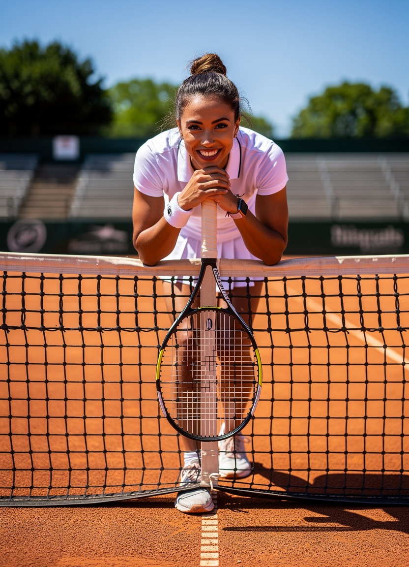 A sporty 24-year-old mixed-race woman wearing a tennis skirt and polo shirt. She is leaning over the net on a tennis court, resting her chin on her racket with a competitive, flirtatious grin. Bright, outdoor lifestyle photography. The scene is a clay tennis court under the midday sun, with sharp shadows and vibrant colors.