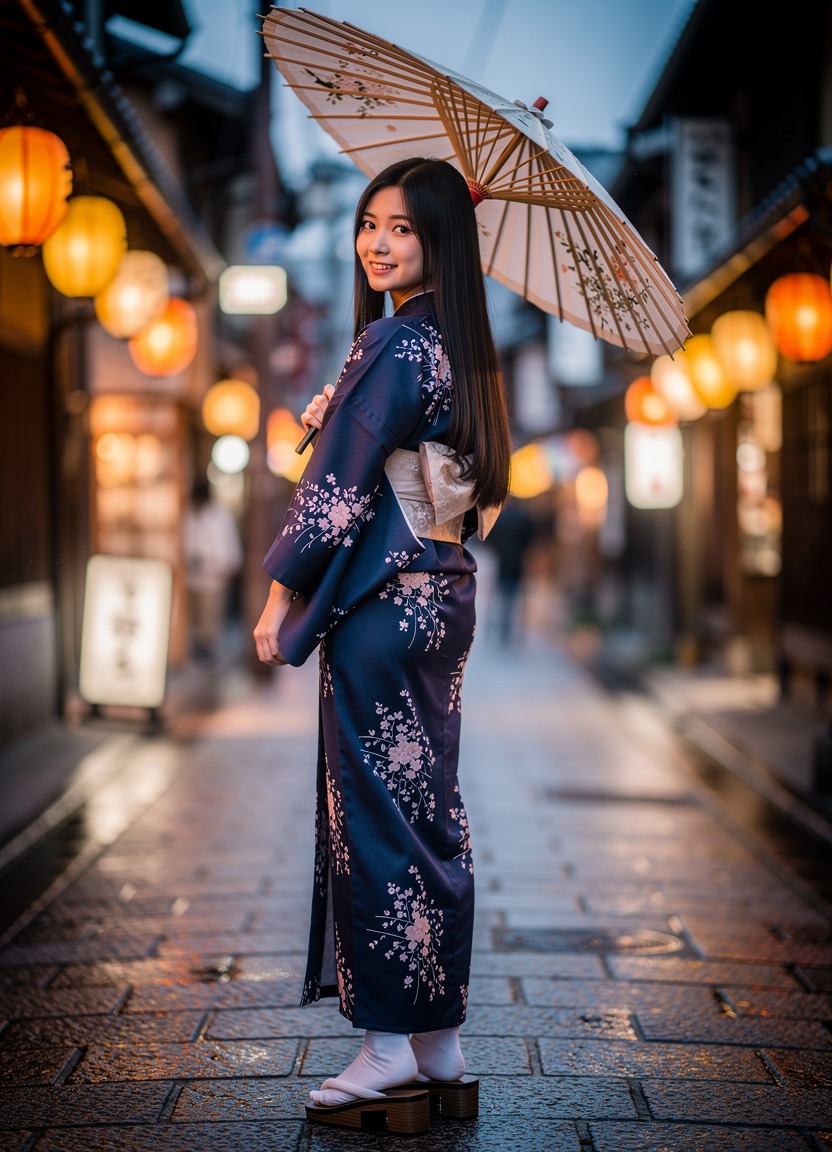 A stunning 19-year-old Japanese woman with waist-length black hair wearing a slightly shortened floral kimono. She stands looking back over her shoulder with a soft, inviting smile, holding a paper umbrella. Photorealistic portrait with soft bokeh. The setting is a Kyoto street at dusk, illuminated by warm paper lanterns that cast a romantic glow on her porcelain skin, creating a dreamy and alluring atmosphere.