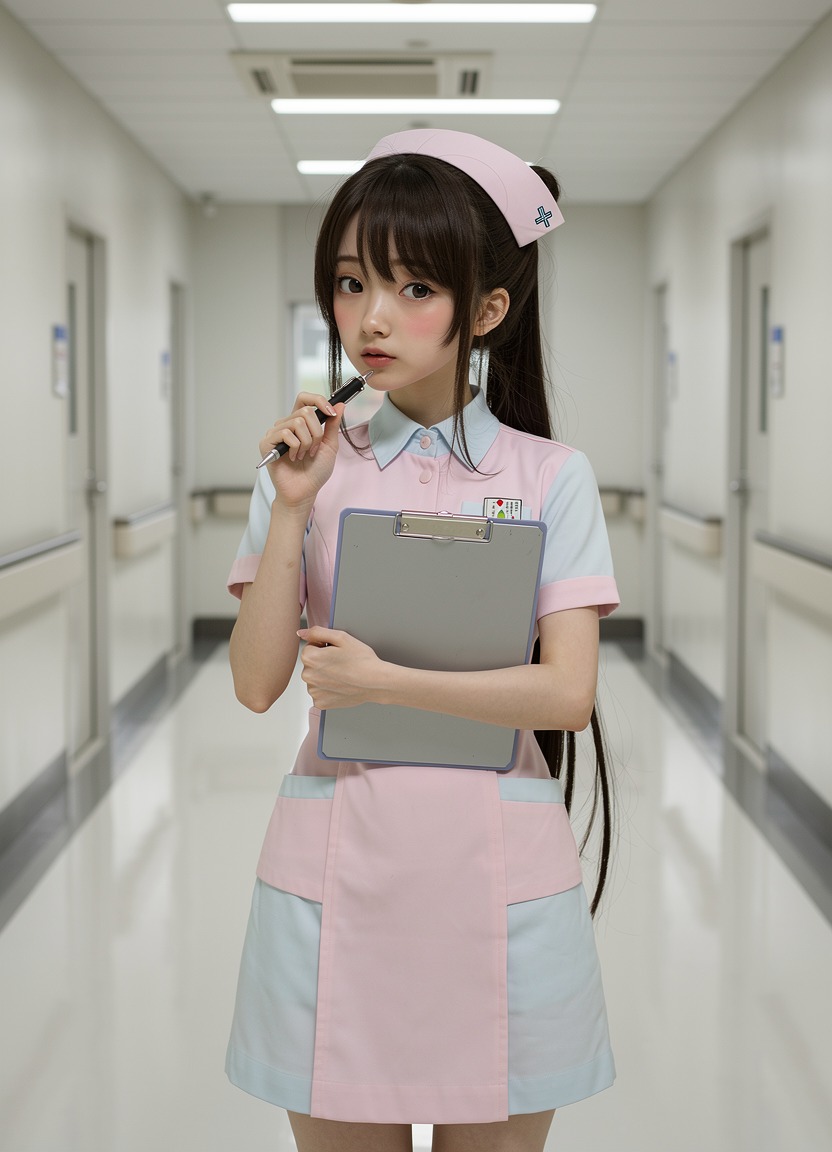 A soft 20-year-old blonde woman wearing a pastel nurse uniform. She is holding a clipboard to her chest, looking slightly flustered and blushing, with a pen near her lips. Anime-inspired realism. The background is a clean, white hospital corridor with bright, sterile lighting that highlights her colorful outfit.