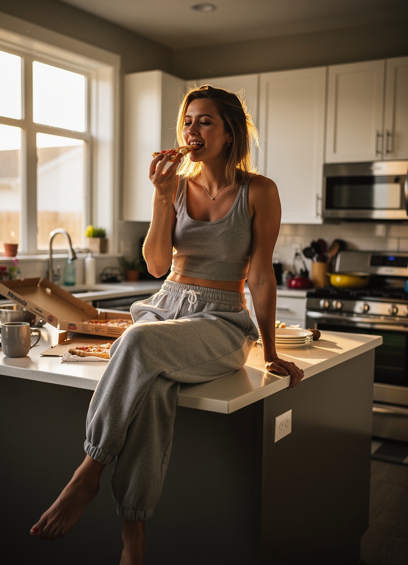 A casual 23-year-old white woman wearing grey sweatpants and a cropped tank top. She is sitting on a kitchen counter eating a slice of pizza, looking relaxed and messy-haired. Candid lifestyle photography. The kitchen is modern but lived-in, with morning light streaming in and casting long shadows across the room.
