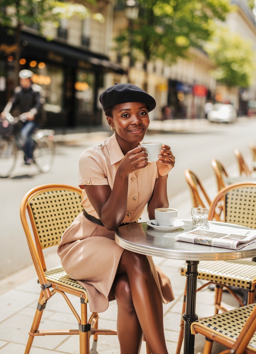 A chic 25-year-old African American woman wearing a beret and a trench coat. She is sitting at an outdoor café table, holding a croissant and people-watching. Parisian street style photography. The street is a busy European avenue with blurred pedestrians and autumn leaves falling on the pavement.