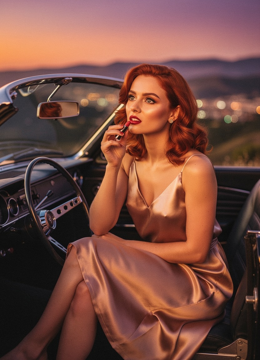 A sultry 29-year-old redhead wearing a satin slip dress. She is applying lipstick in a rearview mirror of a convertible car, eyes glancing at her reflection. Retro cinematic style. The car is parked at a scenic overlook at sunset, with the sky painted in shades of purple and orange.
