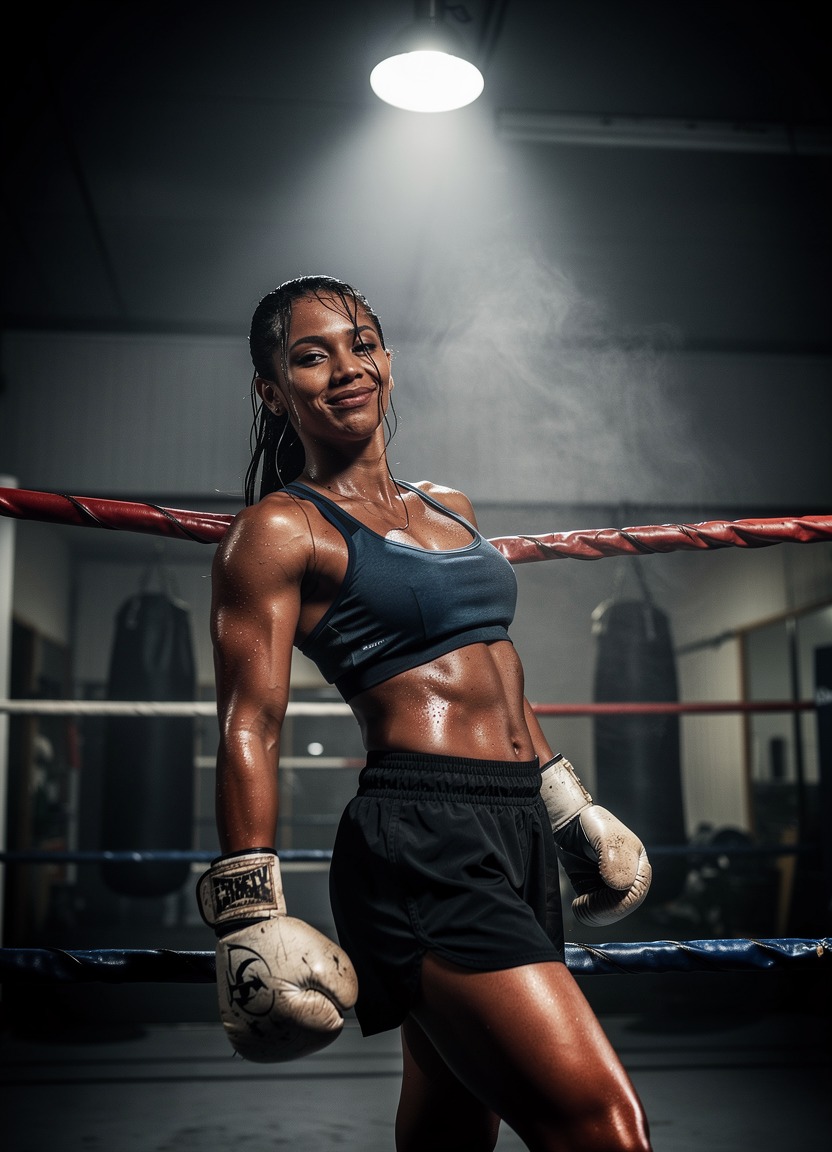 A fit 24-year-old mixed-race woman wearing a sports bra and boxing gloves. She is leaning against the ropes of a boxing ring, sweating and breathing hard, looking intense and powerful. Gritty sports photography. The gym is dark and hazy, with a single spotlight illuminating her figure against the shadows.