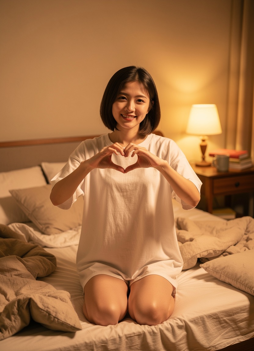 A slender 20-year-old Asian woman with bobbed hair wearing a translucent white oversized t-shirt and bikini bottoms. She is kneeling on a bed, lifting the hem of the shirt with her teeth to reveal her flat midriff and navel while making heart hands at the viewer. Soft, intimate boudoir style. The room is messy and lived-in, with pillows scattered around and warm, golden lamp lighting creating a cozy, private atmosphere.