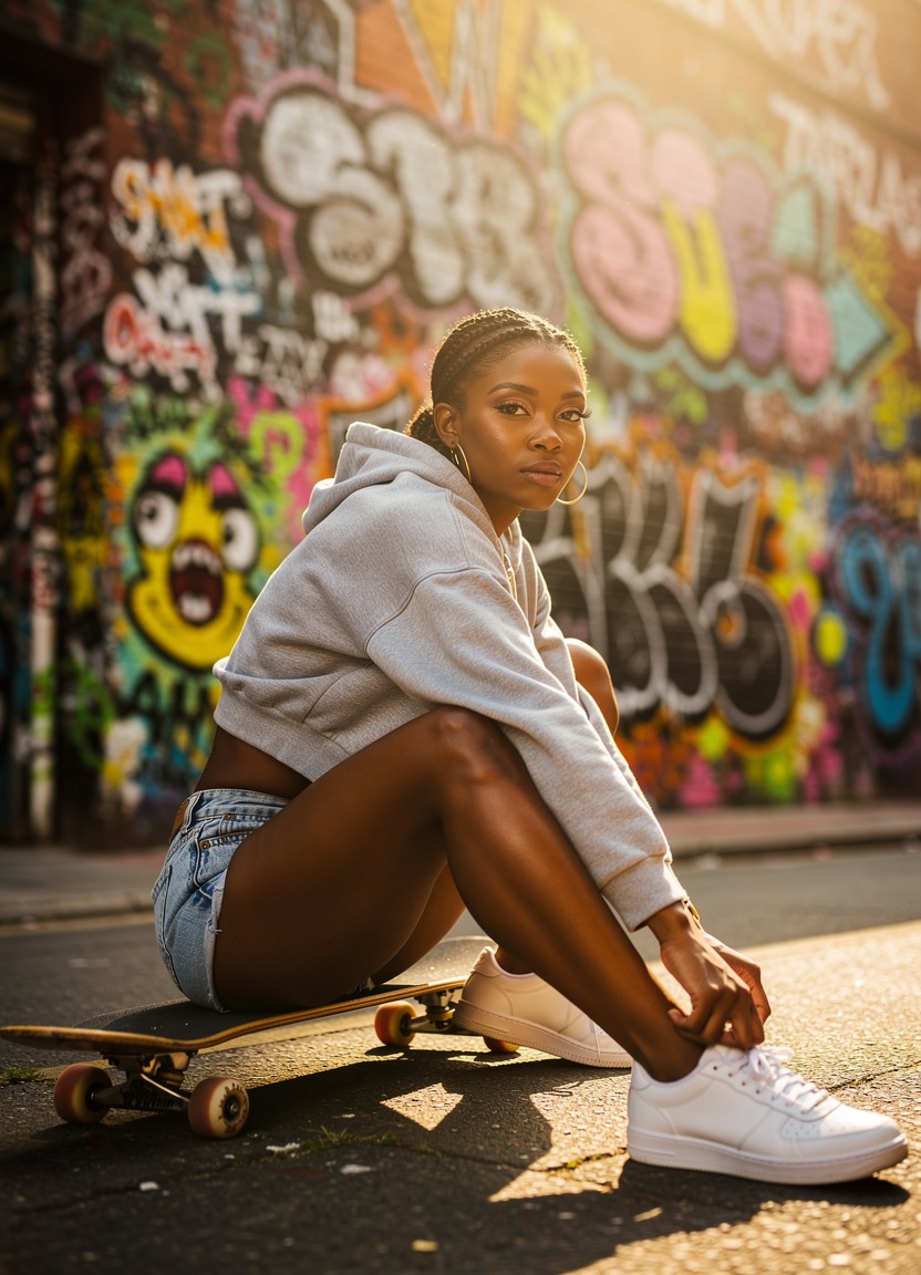 A fit 22-year-old Black woman wearing a cropped hoodies and tiny denim dolphin shorts. She is sitting on a skateboard, legs spread playfully with knees bent, leaning forward to tie her shoe while looking up with a challenging, flirtatious stare. Urban streetwear aesthetic. The background is a colorful graffiti wall in a sun-drenched alleyway, adding a gritty but vibrant texture to the scene.