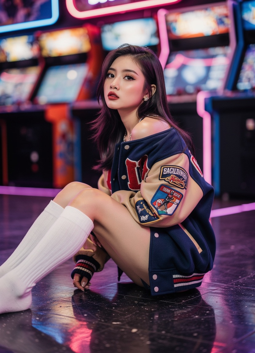 A petite 18-year-old Asian woman wearing an oversized varsity jacket and knee-high socks. She is sitting on the floor, pulling the jacket tight around her while letting one shoulder slip bare, looking up with a pouty, demanding expression. Streetwear fashion aesthetic. The setting is a neon-lit arcade, with the blur of colorful game cabinets and flashing lights creating a vibrant, energetic backdrop.