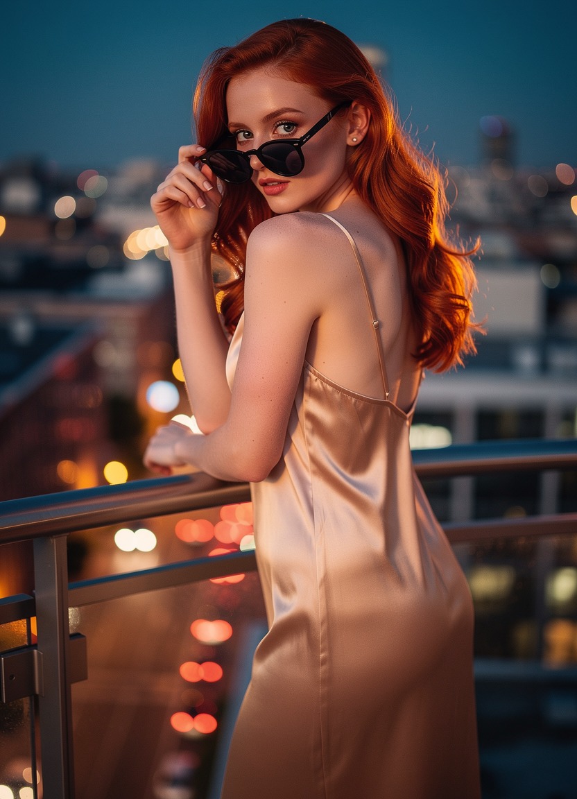 A sultry 22-year-old redhead wearing a silk slip dress with delicate spaghetti straps. She is leaning over a balcony railing, looking back over her shoulder and using one finger to lower her sunglasses, peering flirtatiously at the viewer. Luxe cinematic photography. The background is a city skyline at dusk, with the bokeh of streetlights and car headlights creating a romantic, urban mood.