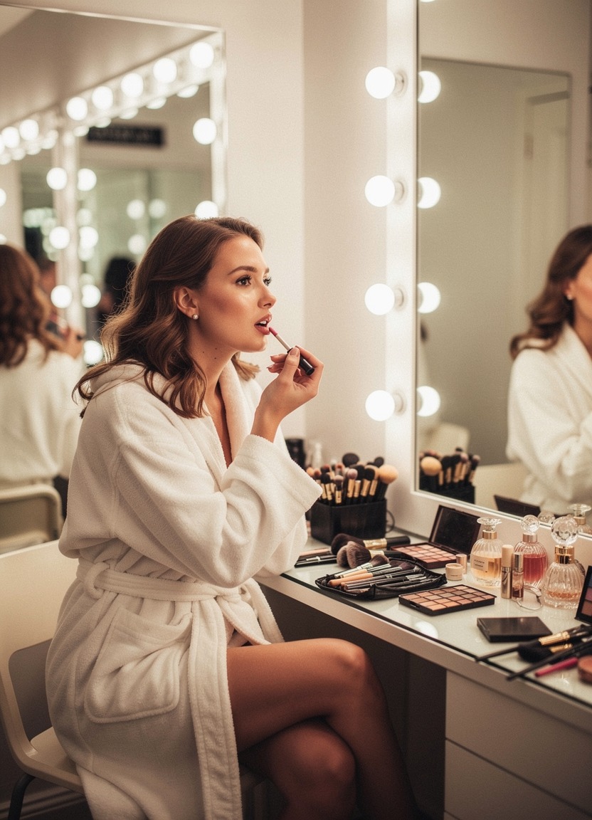 A glamorous 22-year-old model wearing a fluffy white bathrobe. She is sitting at a vanity mirror, applying lipstick, with the robe loosely tied to show a hint of her décolletage and legs. Backstage fashion photography. The setting is a brightly lit dressing room with mirrors reflecting her image from multiple angles, surrounded by makeup brushes and perfume bottles.