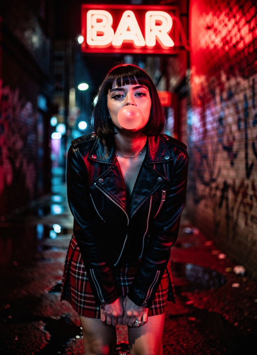 An edgy 18-year-old girl with a bob cut wearing a leather biker jacket and a plaid skirt. She is leaning forward to the camera and blowing a bubble with pink gum, looking cool and unimpressed. Nighttime street photography. The scene is an urban alleyway illuminated by the red glow of a neon sign, reflecting off the wet pavement.