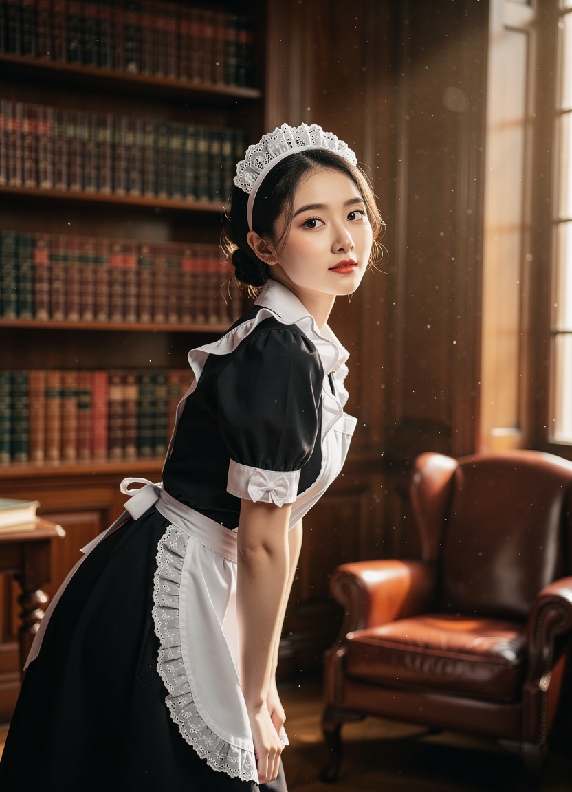 A cute 23-year-old Asian woman dressed in a classic French maid outfit with white lace trimmings. She is leaning forward slightly, pausing to look at the viewer with wide, innocent doe eyes. Hyper-realistic art style. The setting is a Victorian-style library with rich mahogany wood, leather furniture, and dust motes dancing in a shaft of afternoon light.