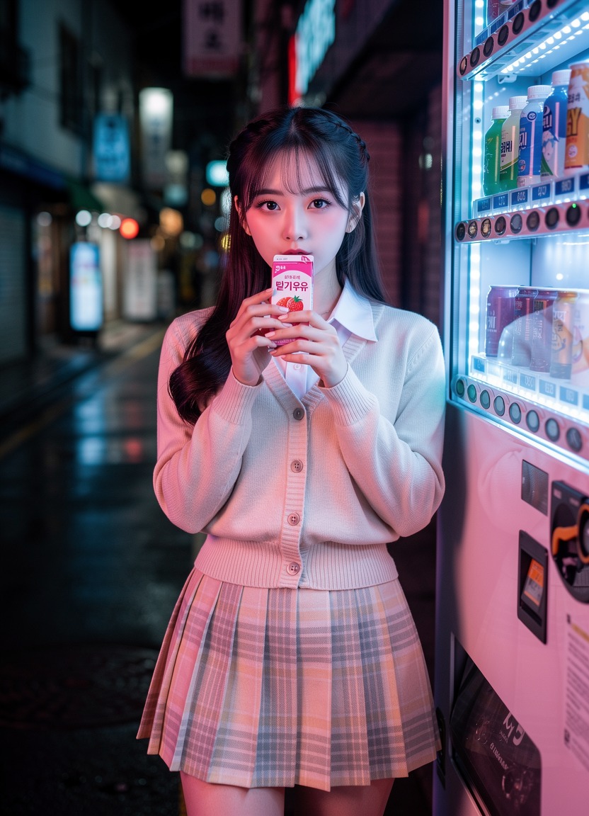 A petite 21-year-old Korean woman wearing a pleated plaid skirt and a fitted cardigan. She stands by a vending machine, sipping a carton of strawberry milk, with a shy blush on her cheeks. Bright, vibrant colors typical of K-pop aesthetics. The setting is a quiet urban street at night, illuminated by the neon blue and pink glow of the vending machine lights.
